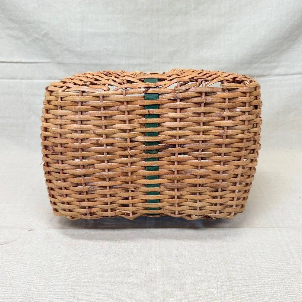Vintage Wicker Gathering Basket Green Handle Cottage Decor Organizer 1970s
